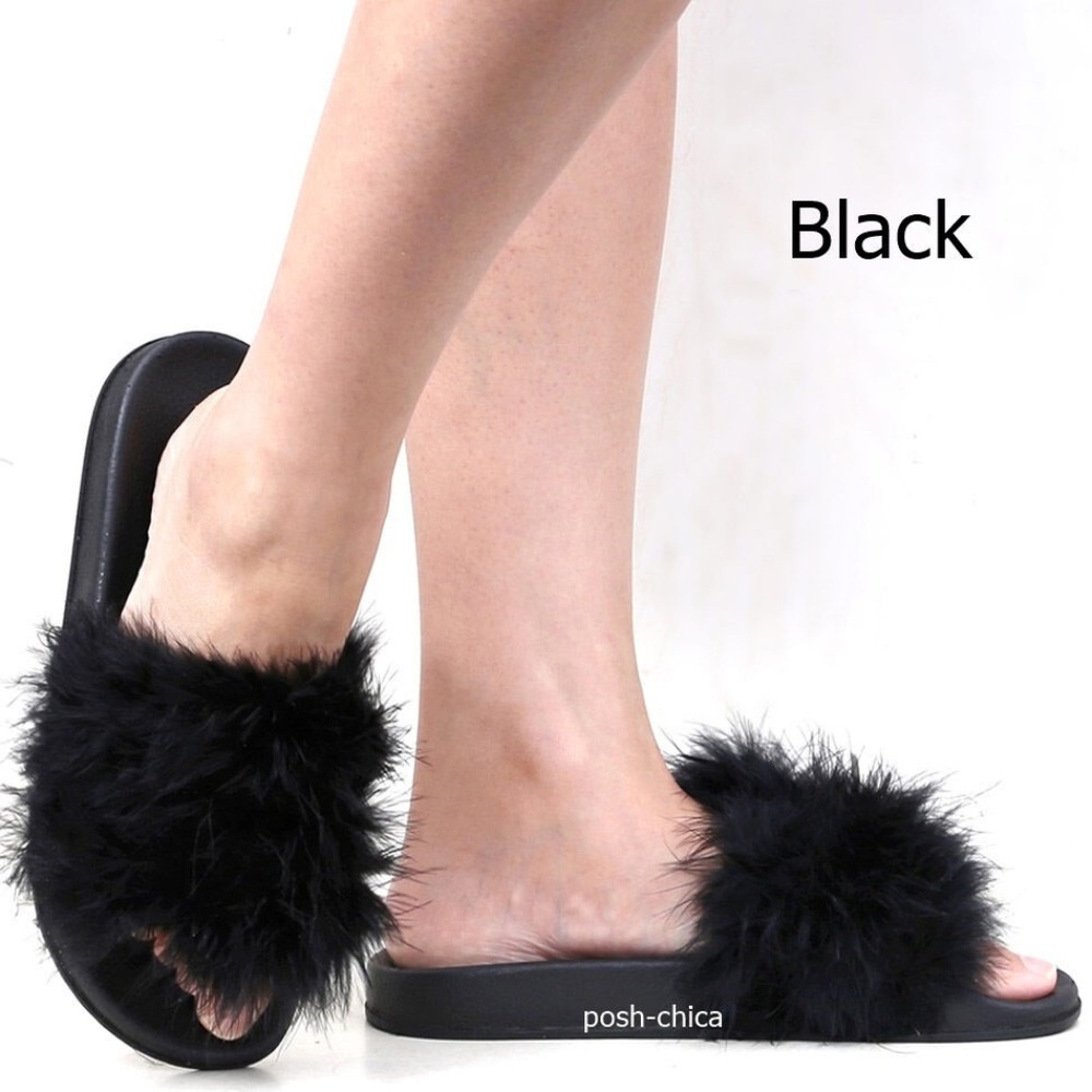 New Black Feather Slip On Slides Flat Sandals